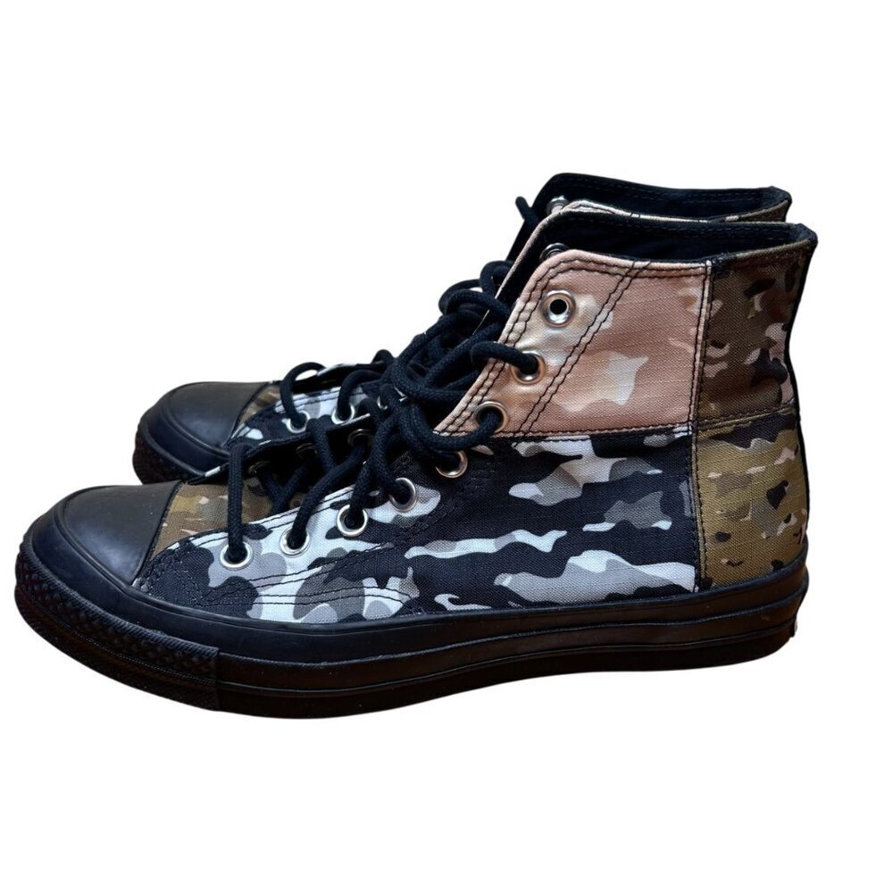 Converse High-Top Sneakers Black White Green Camo Patchwork
